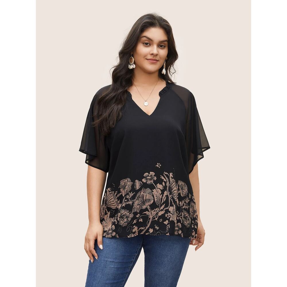 4X 26 Plus Size BloomChic Boho Notched Ruffle Mesh Flutter Sleeve Blouse Top